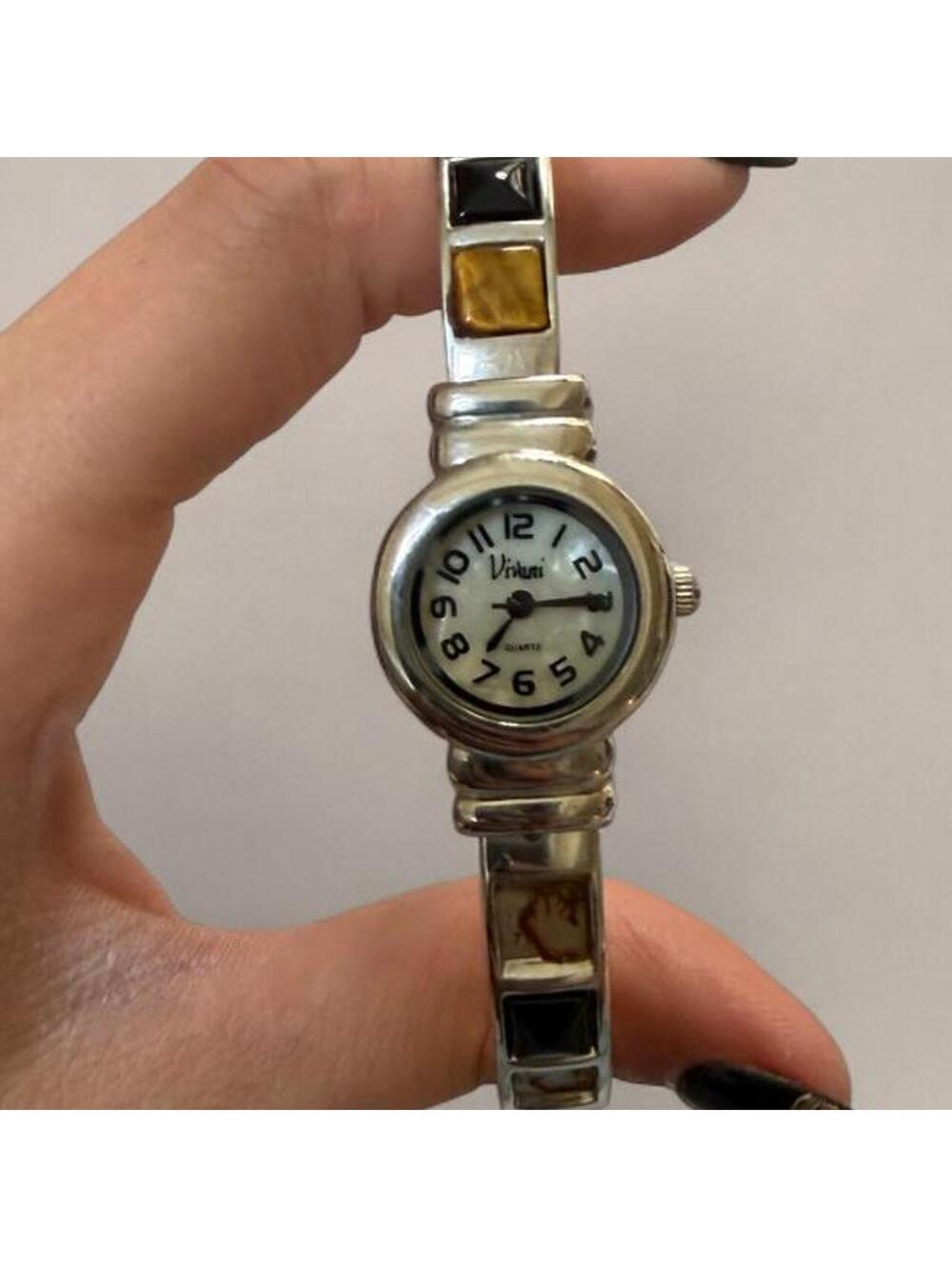 Vintage Vivani Silver Tone Gemstone Bangle Watch